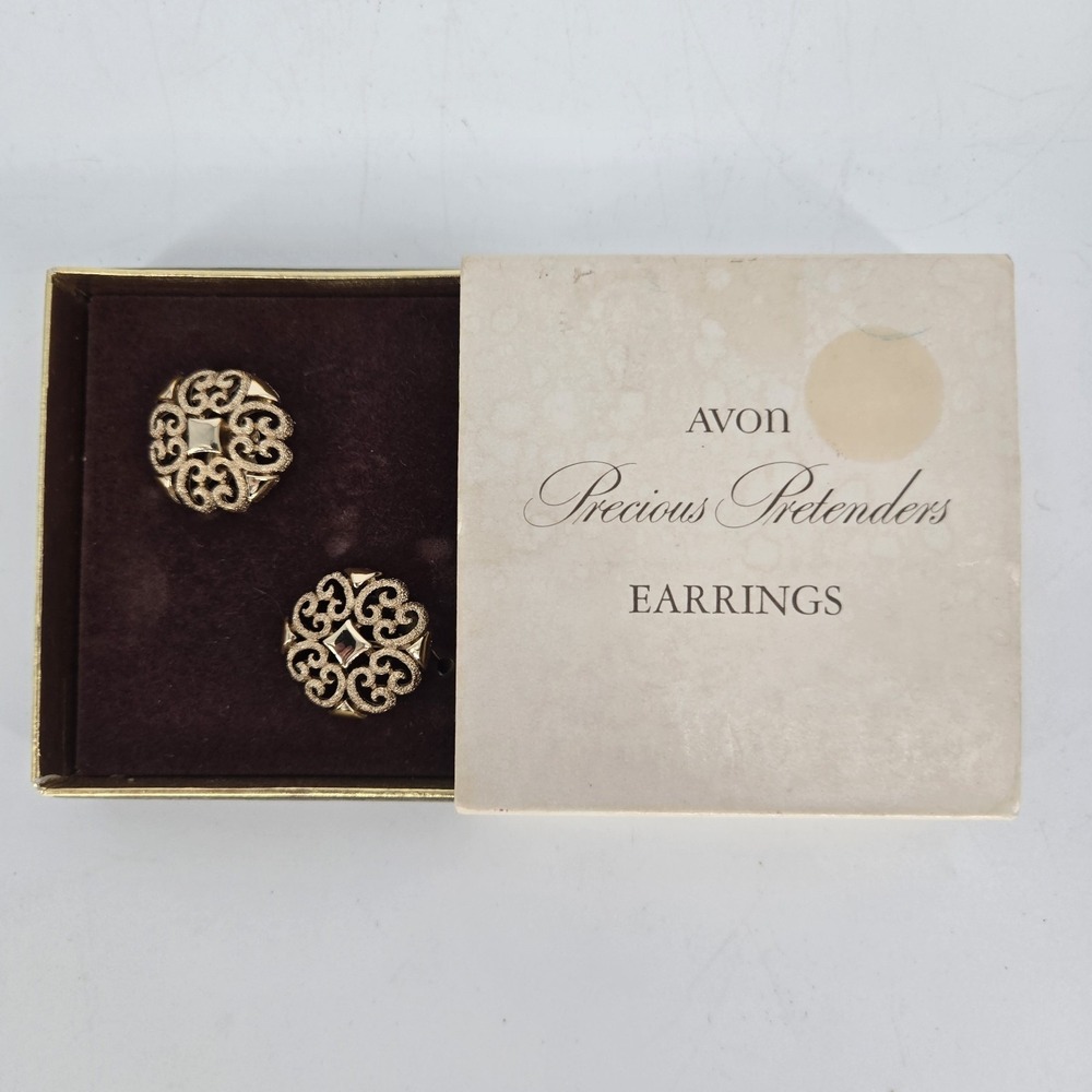 Vintage Avon Precious Pretenders Earrings 1971 Gold Filigree Clip On‎ Boxed USA